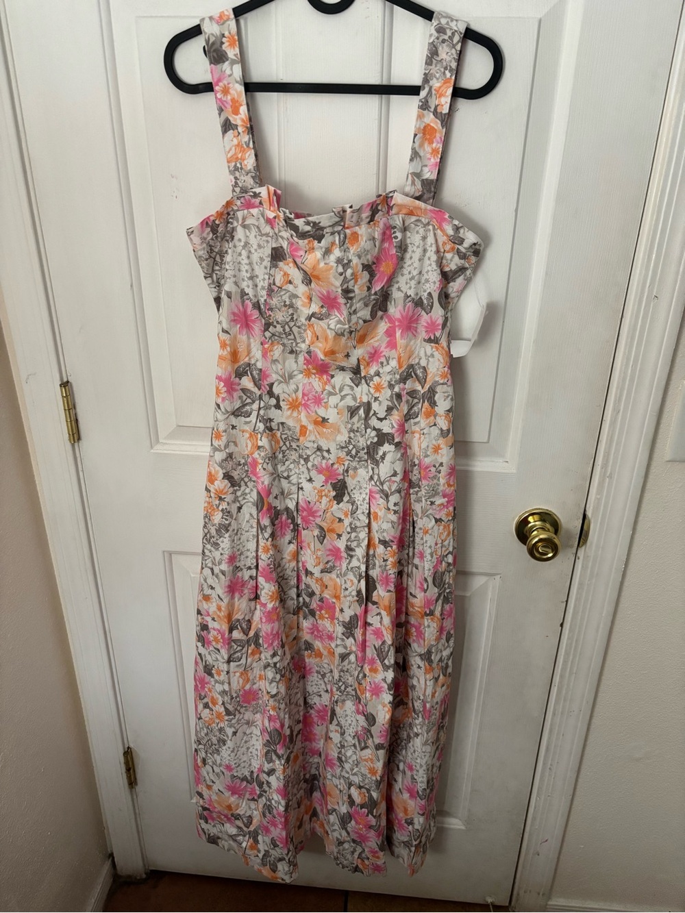 Avec Les Filles Cream Midi Dress with Pink & Orange Floral Print